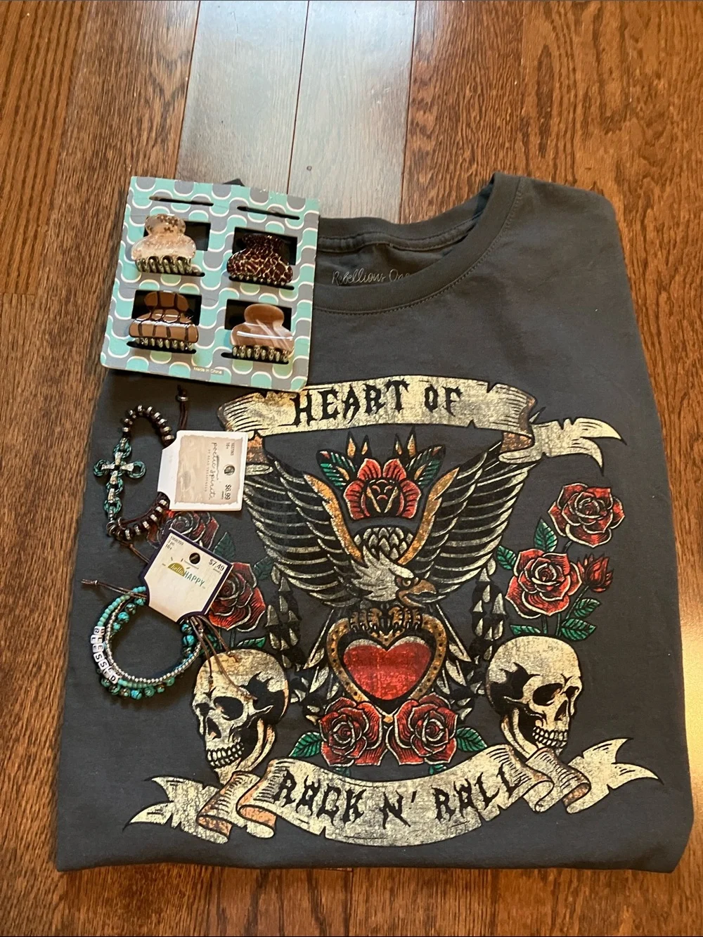 Rebellious One- 'Heart of Rock N' Roll' Graphic Tee W/Red Roses &FREE GIFT!! :)